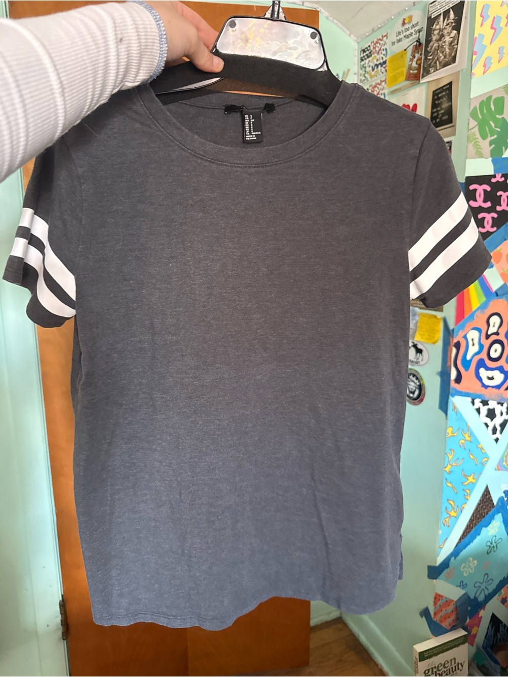 Forever 21 Charcoal Tee with White Sleeve Stripes
